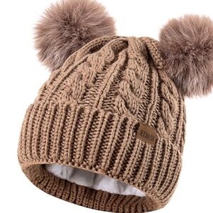 Adorable Tan Cable Knit Beanie with Pom-Poms
